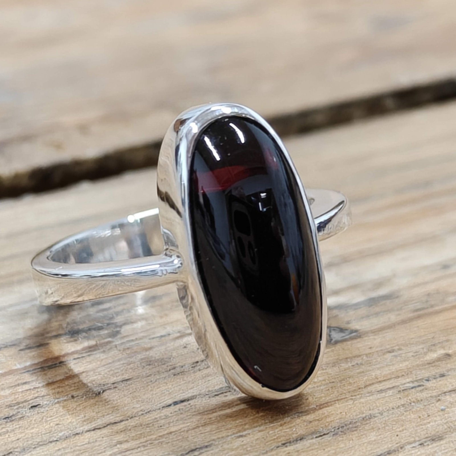 Silver & Oval Garnet Cabochon Ring