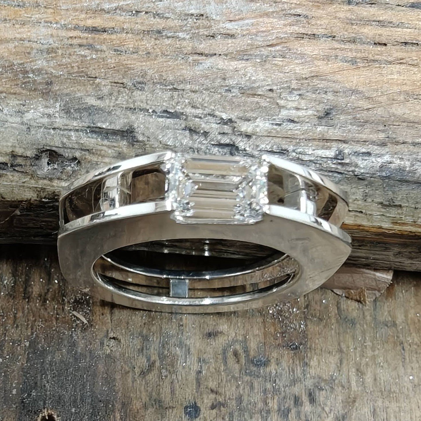 Silver and diamond Suspension Ring No. 3, front view
