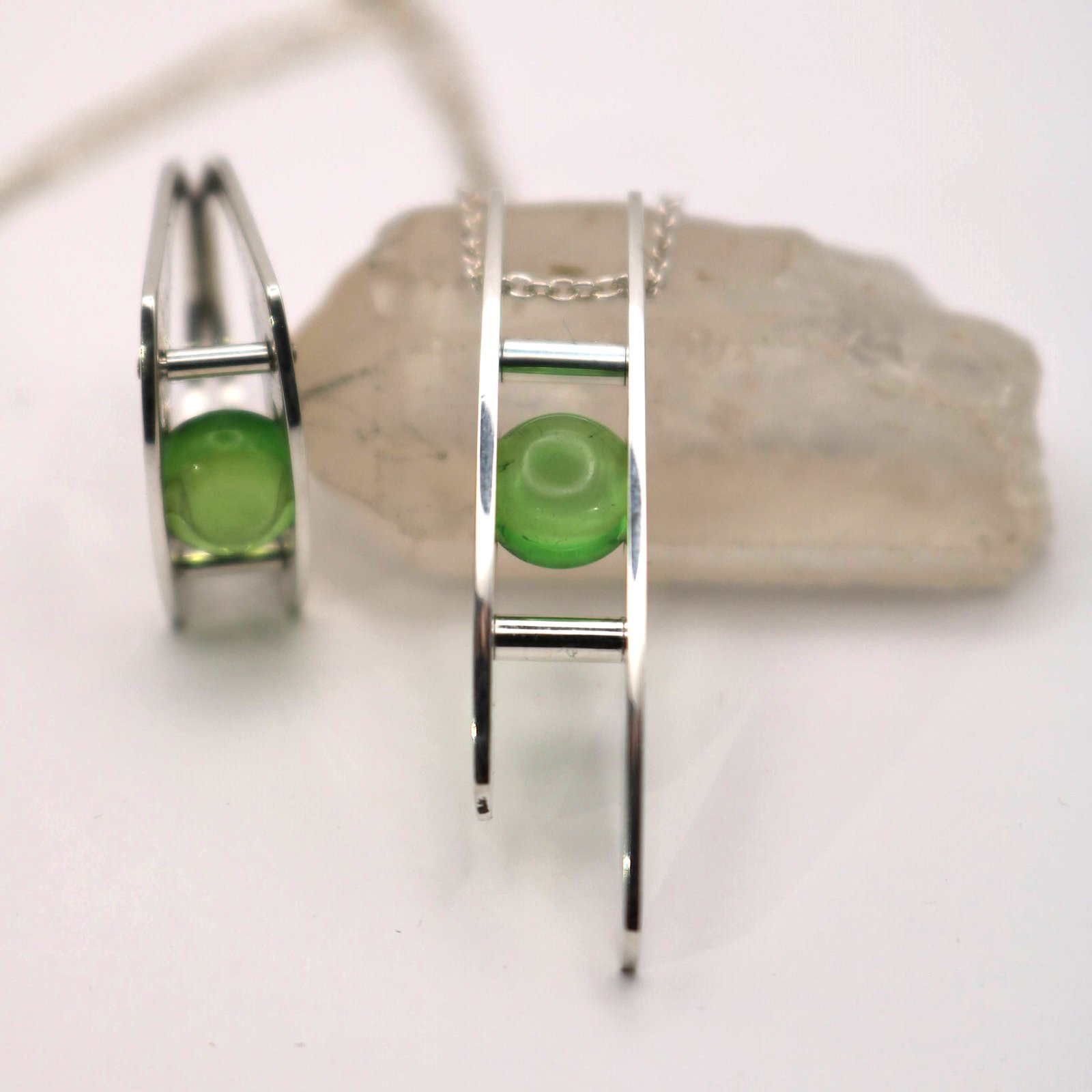 Silver and Green Amber Suspension Necklace