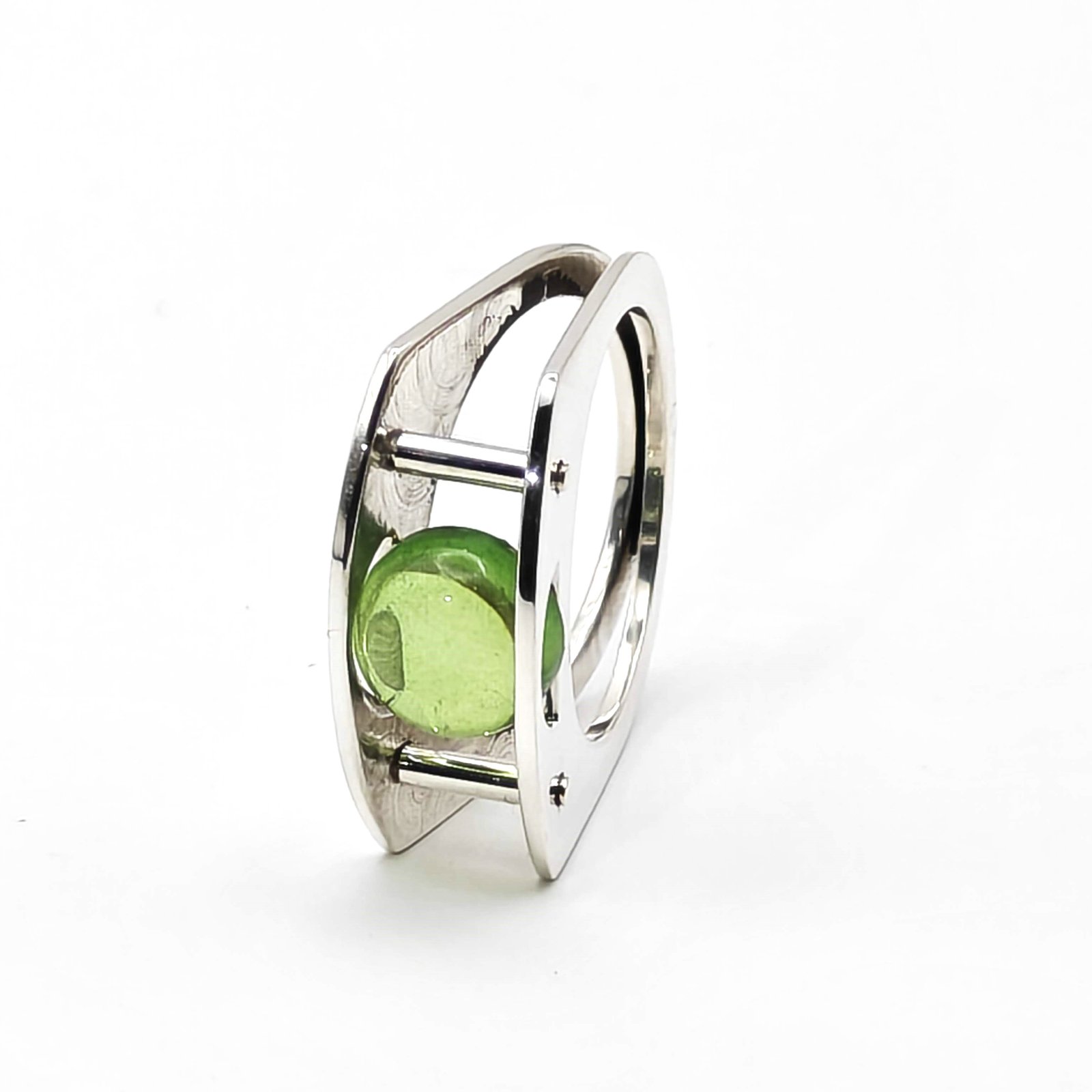 Silver and Green Amber Suspension Ring